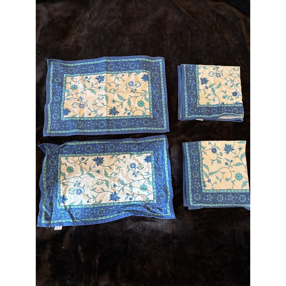 Blue Teal‎ Floral Placemats (2) And Napkins (2) Cotton India